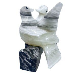 Vtg Hand-Carved Onyx Sculpture Pair Love Birds Doves Marble Base White & Gray